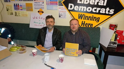 L-R  Leicester Liberal Democrats Alan Fox, and Scott Kennedy-Lount pictured after a day's campaigning at the Stoke on Trent Central Parliamentary By-Election