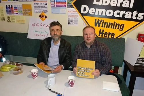 L-R  Leicester Liberal Democrats Alan Fox, and Scott Kennedy-Lount pictured after a day's campaigning at the Stoke on Trent Central Parliamentary By-Election