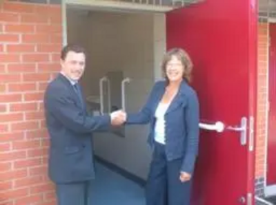 Cllr Joan Garrity with the Parks Manager Steve Palethrope, at the opening of the new toilet block at Knighton Park