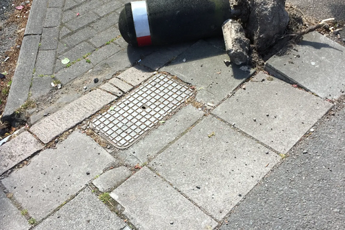 Upturned bollard on Fosse Road South, close to the junction with Hinckley Road, Leicester.