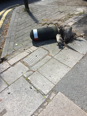 Upturned bollard on Fosse Road South, close to the junction with Hinckley Road, Leicester.