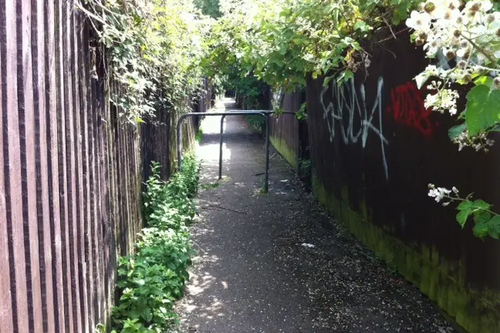 Graffiti and Overgrown; the path linking Caversham Road and the Hillsborough Road Park