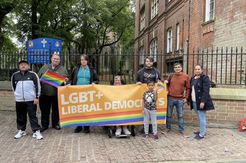 Liberal Democrats from across Leicestershire stand before the Leicester Pride Parade around the city centre