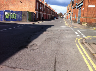 Potholes reported to Leicester City Council at the junctions of Burnmoor and Brazil Street, Leicester