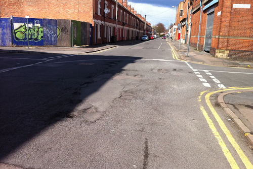 Potholes reported to Leicester City Council at the junctions of Burnmoor and Brazil Street, Leicester